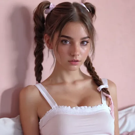 une superbe jeune femme, des yeux noisettes, long brown hair tied with two pigtails, en shorty, sur son lit (the walls are pale pink and white), (4k), (ultra realistic), sexy, (elle mange une sucette)