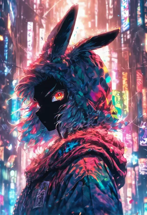 ((((masterpiece, best quality, ultra detail, very_high_resolution, large_filesize, full color)))), Cool rabbit, sharp eyes, cool, Red pupils, Wearing an oversized hoodie, Colorful hoodies, Has a flail