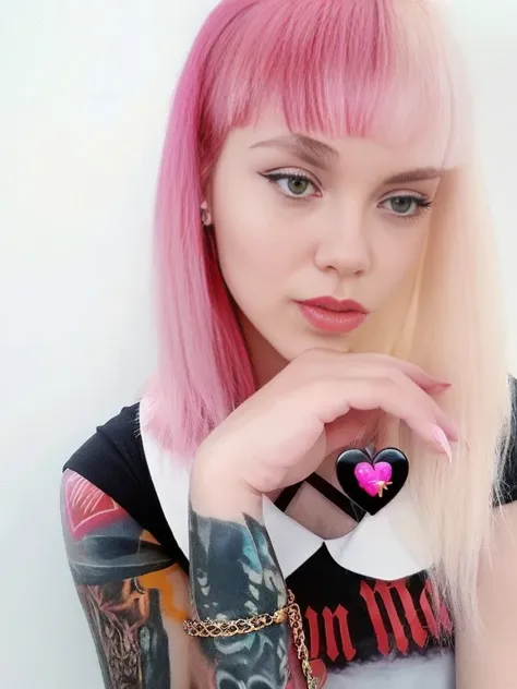 blond girl with Pink hair and piercings posing for a picture, with Pink hair, faded hair from black to light pink, gothic hearts, wearing Pink hair bow, Huge earrings and weird makeup, cute girl with short Pink hair, kukolpunk, emo makeup, light Pink hair ...