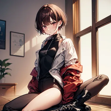 masterpiece、Subtle details、Slender beauty、expensive、slim、I like that style、Small breasts、Sharp eyes、younger sister、Pixie Cut、Short nape、Oversized zip-up jacket、Tight skinny pants、Platform boots、Reddish brown hair、