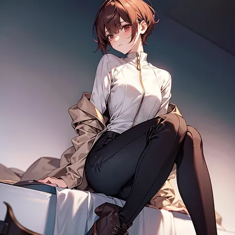 masterpiece、Subtle details、Slender beauty、expensive、slim、I like that style、Small breasts、Sharp eyes、sister、Pixie Cut、Short nape、Oversized zip-up jacket、Tight skinny pants、Platform boots、Reddish brown hair、