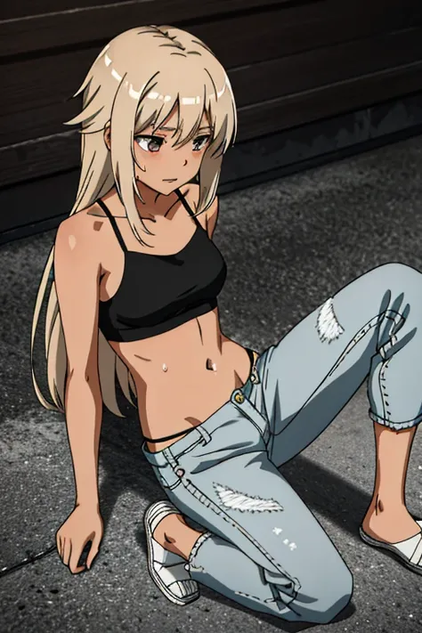 detailed background, masterpiece, 4k, best quality, tan-skinned anime girl lies on the ground, her ribs protruding from her emaciated body. She wears a wrap cami top and jeans, her hunger evident in the sweat beads that cover her skin. Rendered in a gritty...