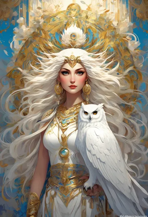 Surrealist Art Style (A snow-white owl stands on Athena&#39;s shoulder.),(pure white owl: 1.37), pure white owl, pure white owl, (Stand on the shoulders of Athena),(Stand on your shoulder: 1.37) Owl face is round, (wide blue eyes: 0.8), Very big eyes, Shor...