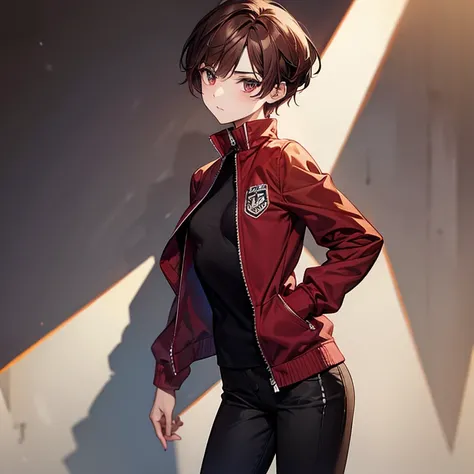 masterpiece、Subtle details、Slender beauty、expensive、slim、I like that style、Small breasts、Sharp eyes、younger sister、Pixie Cut、Short nape、Oversized zip-up jacket、Tight skinny pants、Platform boots、Reddish brown hair、