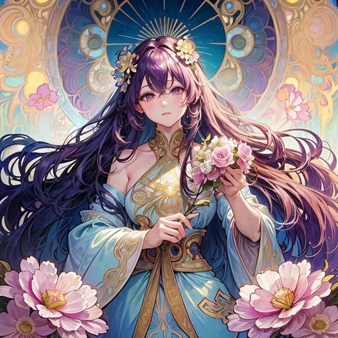 1 beauty、(masterpiece、highest quality、highest quality、beautifully、aesthetic:1.2)、Round Picture Frame、Rainbow-colored、Shining jewelry hair ornament、Flowers in full bloom、Jewelry made with attention to detail、dynamic、Elegant woman concept、(((Alphonse Mucha))...