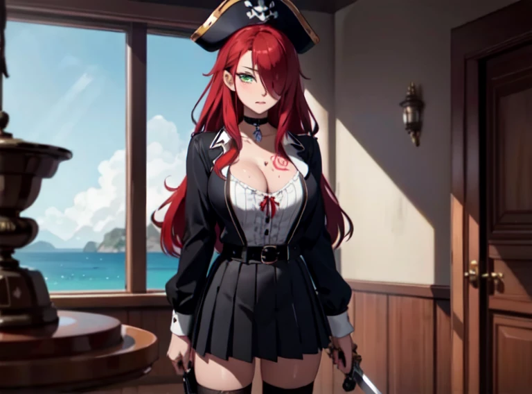 ((masterpiece, best quality, high resolution, UHD, pixel perfect, depth of field, 8k, RTX, HDR)), 1 girl, girl stile anime, cowboy shot, BREAK, very long hair, curly hair red hair, lock of hair covering one eye, green eyes, well defined eyes, high definiti...