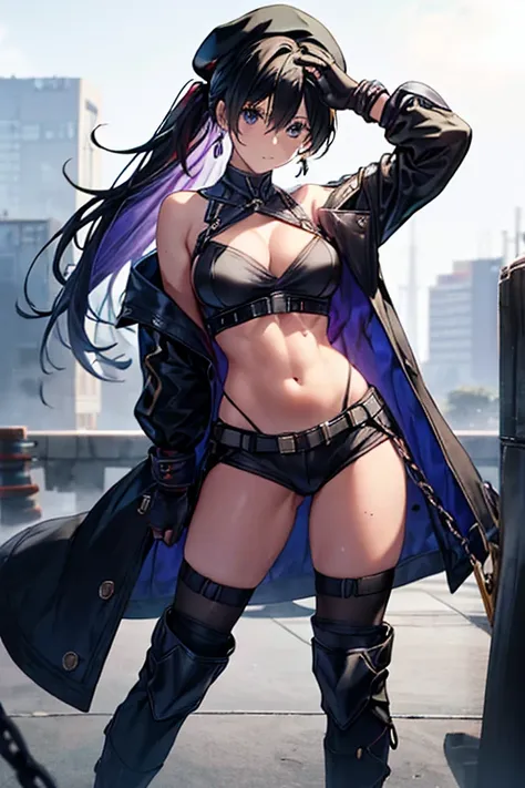 ubel,dark green hair,long hair,side ponytail,hair between eyes,bangs, BREAK (beret, black jacket, open clothes, cleavage, midriff, black shorts, black thighhighs, thigh strap, fingerless gloves, single glove:1.2), Photo,sharpness, F1.6 lens,hyper-realistic...