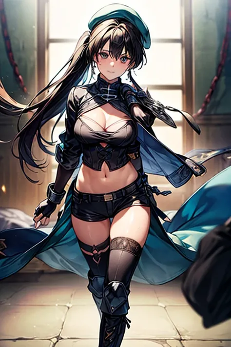 ubel,dark green hair,long hair,side ponytail,hair between eyes,bangs, BREAK (beret, black jacket, open clothes, cleavage, midriff, black shorts, black thighhighs, thigh strap, fingerless gloves, single glove:1.2), Photo,sharpness, F1.6 lens,hyper-realistic...