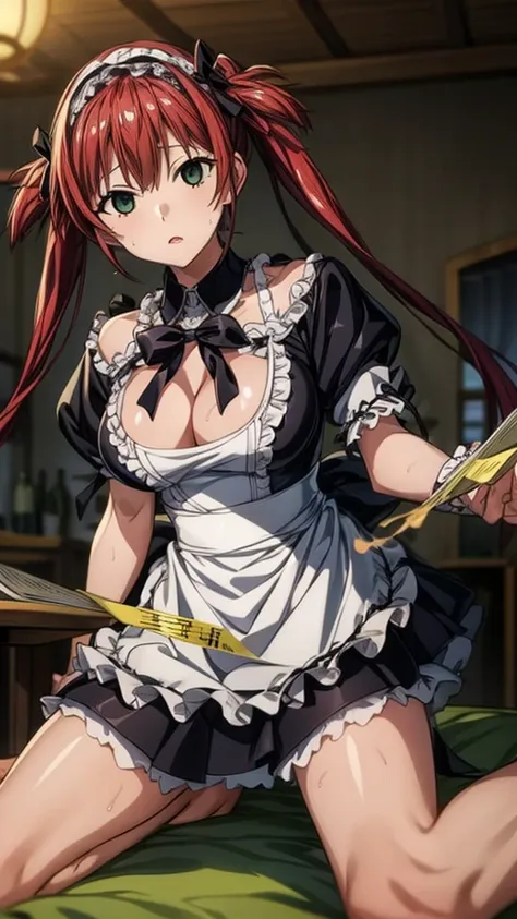 Tabletop, highest quality, Airlive 4,  Thighs Thighs Thighs, black Thighs Thighs Thighs, apron, zettai ryouiki, Maid, Maidの頭飾り, Cleavage, Wrist cuff,(Masturbation:1.8),One girl,(Browsing Caution:1.8),(Straddling the viewer&#39;Body:1.4),alone,Inseam perspe...