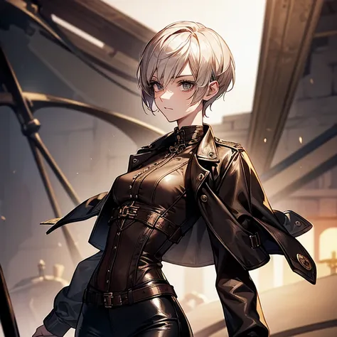 steampunk、beautiful girl、Cute slender beauty、leather jacket、short、Pixie Cut、short nape、Beautiful nape、Tall、model like、Tight skinny pants、delicate、Slender body、Modest chest、