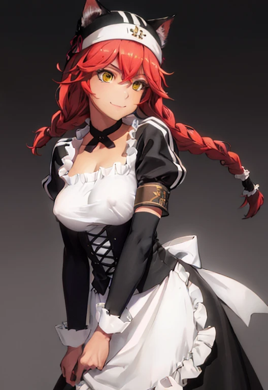 masterpiece,best quality,high resolution,8k,1woman,(realistic:),tan skin,(fighter:),(dark red long twin braids hair between eyes:),blonde cat eyes,seductive smile,large breasts,medium ass,small nipples,(red wolf ears:),red wolf tails,Lupsregina,black dress...