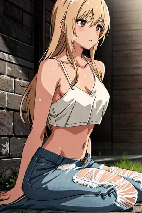 detailed background, masterpiece, 4k, best quality, tan-skinned anime girl lies on the ground, her ribs protruding from her emaciated body. She wears a wrap cami top and jeans, her hunger evident in the sweat beads that cover her skin. Rendered in a gritty...