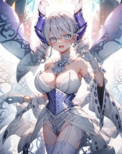 One girl, labrynth, Silver Hair, Grey Eyes, big breasts, horn, Cleavage, White Dress, white elbow gloves, silver castle, ivory, Exquisite, chandelier, blush, Nervous, White interior,Cowboy Shot, highest quality,((highest quality)),((Tabletop)),((Perfect Fa...