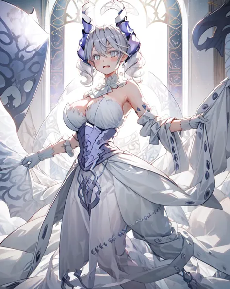 One girl, labrynth, Silver Hair, Grey Eyes, big breasts, horn, Cleavage, White Dress, white elbow gloves, silver castle, ivory, Exquisite, chandelier, blush, Nervous, White interior,Cowboy Shot, highest quality,((highest quality)),((Tabletop)),((Perfect Fa...