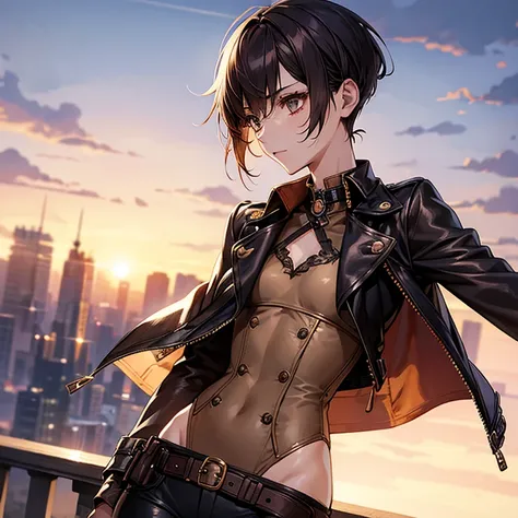 Steampunk Girl、Otome、Tokimeki、Cute slender beauty、leather jacket、short、Pixie Cut、short nape、Beautiful nape、Tall、girly、model like、Tight skinny pants、delicate、Slender body、Modest chest、