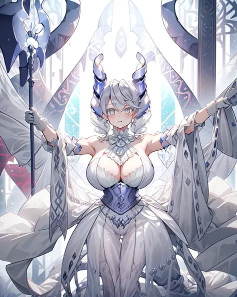 One girl, labrynth, Silver Hair, Grey Eyes, big breasts, horn, Cleavage, White Dress, white elbow gloves, silver castle, ivory, Exquisite, chandelier, blush, Nervous,Cowboy Shot, highest quality,((highest quality)),((Tabletop)),((Perfect Face)),1 girl,(Bac...