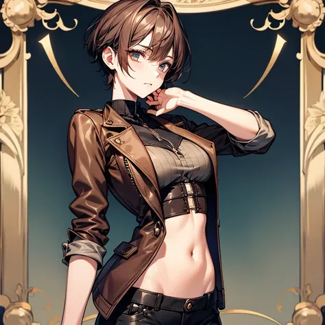 Steampunk Girl、Otome、Tokimeki、Cute slender beauty、leather jacket、short、Pixie Cut、short nape、Larger breasts、Beautiful nape、Tall、girly、model like、Tight skinny pants、delicate、Slender body、Red cheeks、