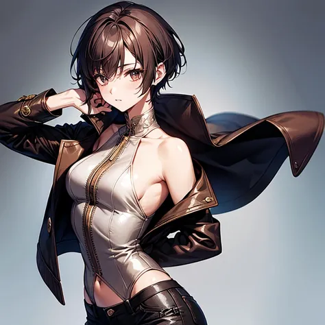 Steampunk Girl、Otome、Tokimeki、Cute slender beauty、leather jacket、short、Pixie Cut、short nape、Larger breasts、Beautiful nape、Tall、girly、model like、Tight skinny pants、delicate、Slender body、Red cheeks、