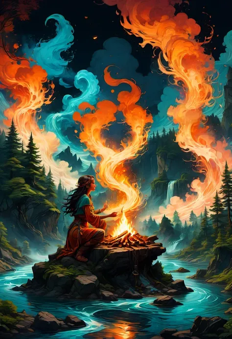 1girl, Campfire, aesthetic, Digital painting of a mystical druid performing a ritual around a large campfire at the summit of a mountain with rapids flowing below through a lush fantasy wilderness forest, trending on artstation, fantasy art by Greg Rutkows...