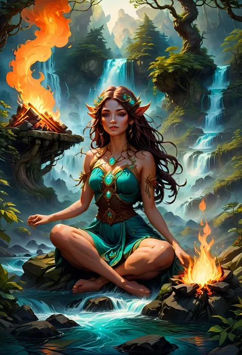 1girl, Campfire, aesthetic, Digital painting of a mystical druid performing a ritual around a large campfire at the summit of a mountain with rapids flowing below through a lush fantasy wilderness forest, trending on artstation, fantasy art by Greg Rutkows...