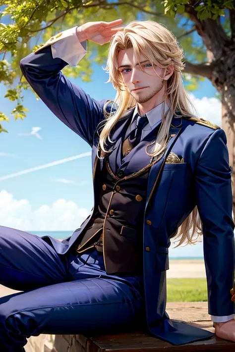 A muscular blonde haired male wizard with blue eyes with a dark beard and long hair in a students suit is  leaning against the tree with a smile