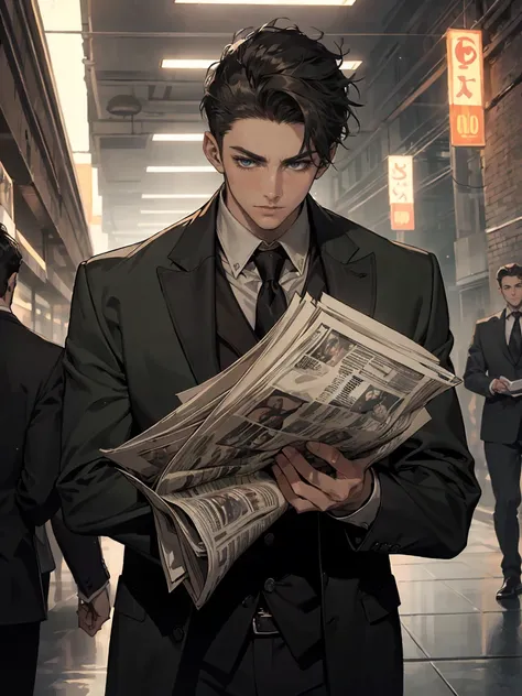 ((One young man in a black suit and tie)), Gotham, alejandro, (((Dark short hair swept to the side))), (dark green eyes and thick eyebrows), grin, ((20-year-old)), ((masterpiece)), read the newspaper , ((cinematic lighting)),