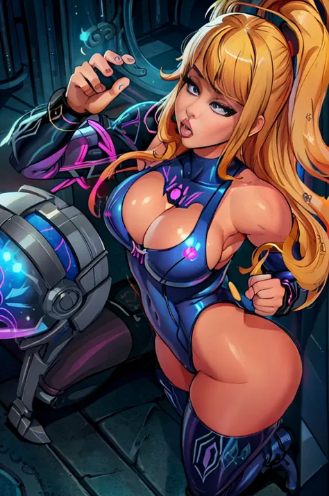 {nsfw}, cartoon, clothed sex, finely detail, beautiful detailed eyes, ultra detailed, samus aran, metroid, pubic tattoo, 1girl, full body clothed,1girl, solo female, mature female, standing, full body, contrapposto, bimbo lips, eyelashes, medium breasts, a...