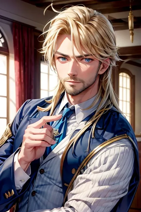 A muscular blonde haired male wizard with blue eyes with a dark beard and long hair in a students suit is studying on the bed