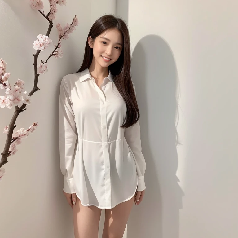 A picture of cherry blossoms in full bloom is drawn on the wall of a pure white room, and a beautiful 18-year-old Japanese girl stands in front of the wall, looking at her and smiling slightly, wearing only the white long-sleeved blouse that is the  design...