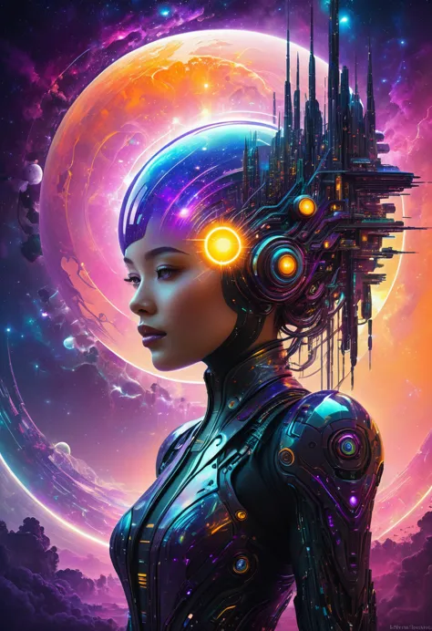 Sunset in a futuristic Matrix-inspired New Eden, cybernetic individuals interwoven with neo-organic architectures against a cosmic sky featuring multiple suns and a moon, all elements seamlessly fused within a dream-like digital painting, artistic words in...