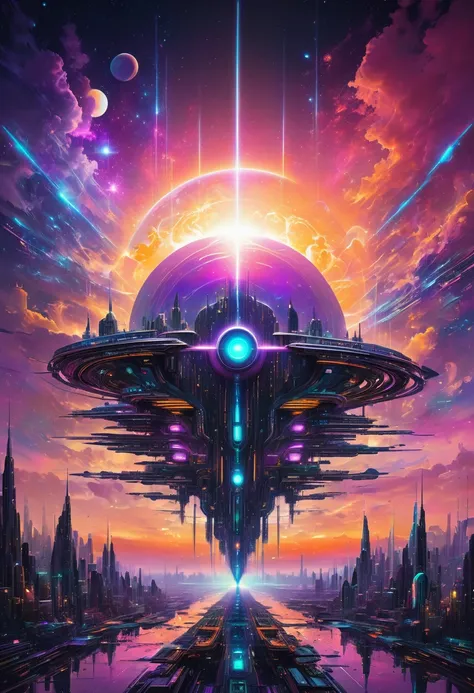 sunset in a futuristic matrix-inspired new eden, cybernetic individuals interwoven with neo-organic architectures against a cosm...