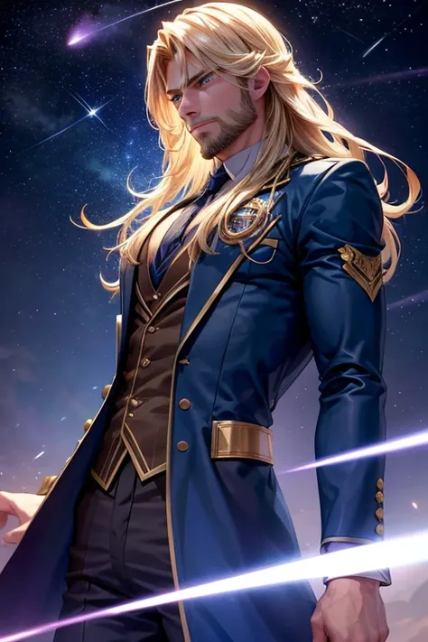 A muscular blonde haired male wizard with blue eyes with a dark beard and long hair in a students suit is watching a shooting star