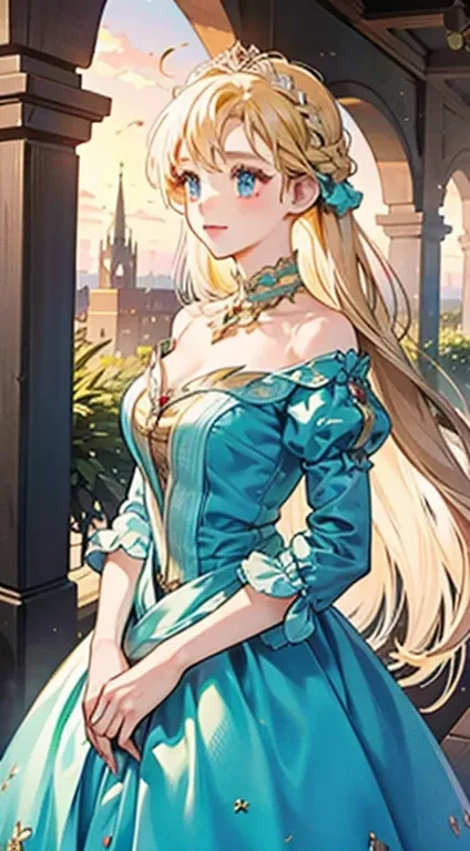 A girl who lives in the castle usually appears romantic and charming.  Heres a possible description:

 The girl who lives in the castle is distinguished by her beauty and elegance.  She has long, shiny hair that falls femininely on her shoulders.  Her eyes...