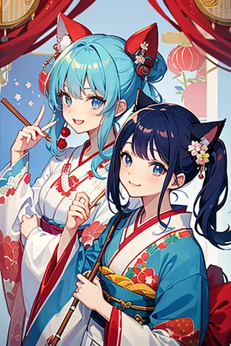 Virtual Singer,Blue Hair,strawberry,Cat,Twin tails,fine,kimono,Japanese style,white clothes,smile,fine,highest quality, masterpiece,cute,uniform