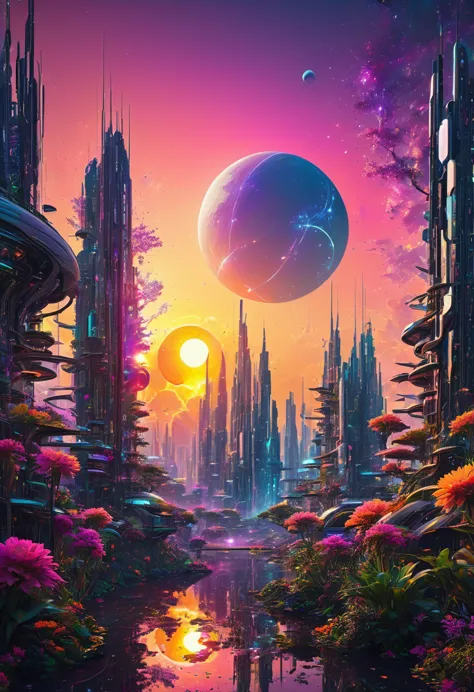 Sunset over a futuristic Matrix-inspired New Eden, cybernetic inhabitants merge with exotic flora and innovative architecture, digital art capturing the cosmic dance of multiple suns and a dramatic moon, a scene pulsating with the unique dreamscape of futu...