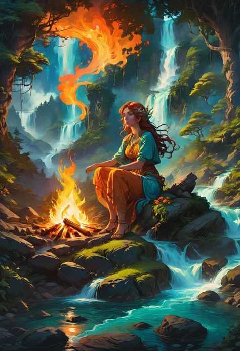 1girl, Campfire, aesthetic, Digital painting of a mystical druid performing a ritual around a large campfire at the summit of a mountain with rapids flowing below through a lush fantasy wilderness forest, trending on artstation, fantasy art by Greg Rutkows...