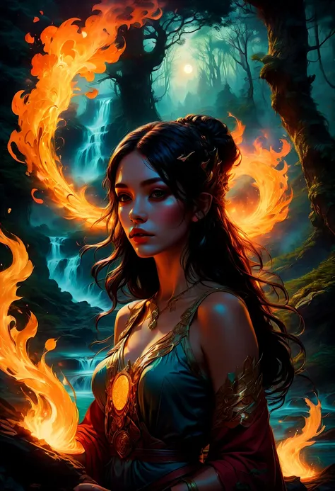 1girl, Campfire, aesthetic, Digital painting of a mystical druid performing a ritual around a large campfire at the summit of a mountain with rapids flowing below through a lush fantasy wilderness forest, trending on artstation, fantasy art by Greg Rutkows...