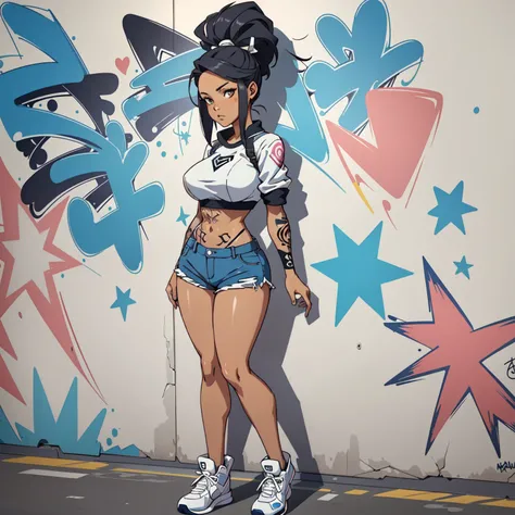 anime style, graffiti woman, graffiti on the wall, shorts against the wall, side cap, bright colors, good figure, good curves, highest quality tattoos, ultra detailed, tattooed breasts, 8K, full body