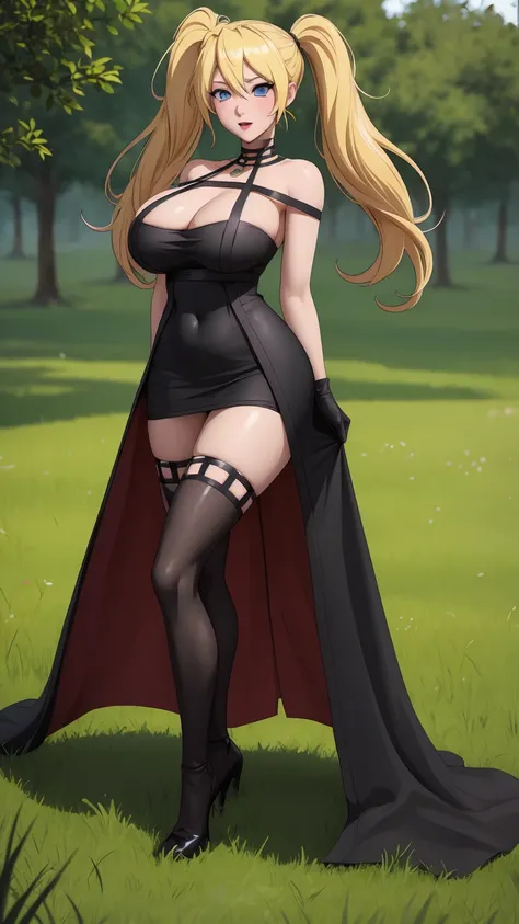 masterpiece, best quality, extremely detail 8k cg, high resolution, 1girl, narukouzumaki, twintails, wisker marks, blonde hair, blue eyes, perfect eyes, slim body, huge breasts, bursting breasts, standing, black dress, black thighhighs, black gloves, seduc...