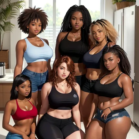 (A single muscular black man, wearing shorts, in-center of composition) A diverse group of five young adult Americans, representing different ethnicities and characteristics, wearing yoga-pants and tank-tops, displays their unique beauty with perfect bodie...