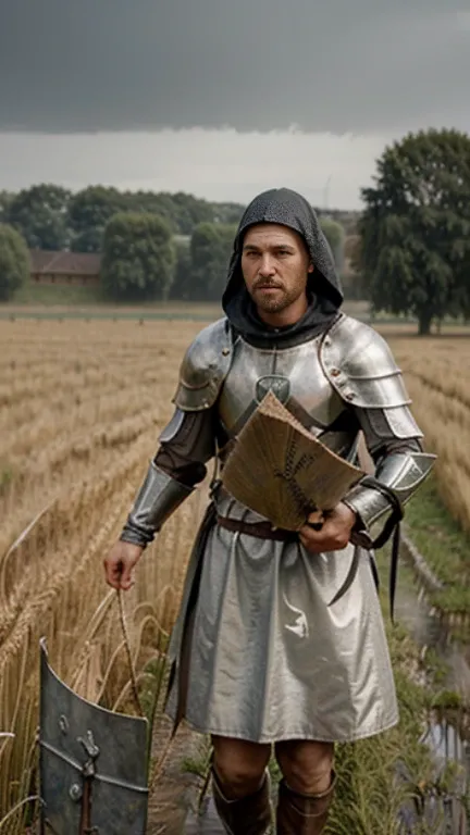 Field of wheat, in heavy rain. Wheat looks grey, shrivelled wheat stalks, Male medieval knight (ring mail), poor, ragged clothing, wet clothes (shield with pizza slice emblem)