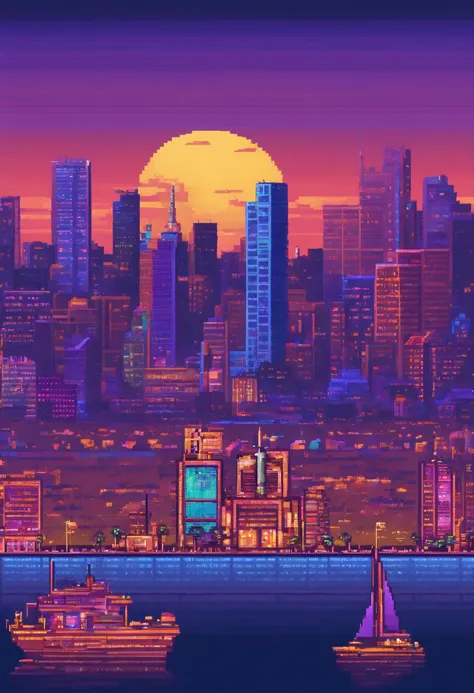 Pixel art tourist destination landscape. evening. 3D pixel art 4K wallpaper. Incredible pixel art details. Pixel art.  Detailed Unreal Engine pixel art neon color neon Los Angeles on the way to work night cityscape office district night view night