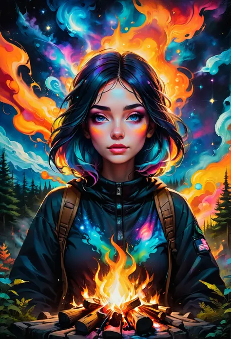 1girl, Campfire, aesthetic, Campfire in the woods at night, with nightsky of a colorful galaxy, graffiti art, splash art, street art, spray paint, oil gouache melting, acrylic, high contrast, colorful polychromatic, ultra detailed, ultra quality, CGSociety