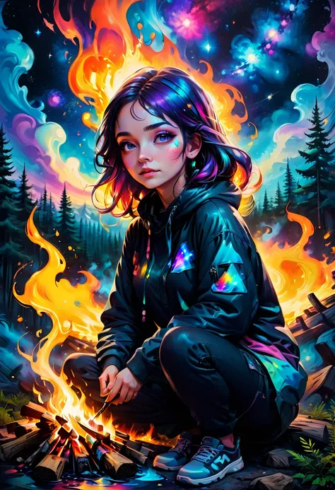 1girl, Campfire, aesthetic, Campfire in the woods at night, with nightsky of a colorful galaxy, graffiti art, splash art, street art, spray paint, oil gouache melting, acrylic, high contrast, colorful polychromatic, ultra detailed, ultra quality, CGSociety