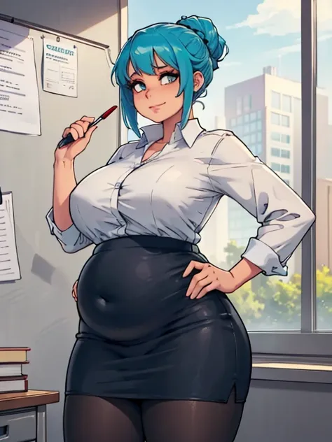 art by kipteitei, 1girl, (aqua blue hair), aqua blue hair, hair up, blue eyes, black pencil skirt, dress shirt, (black tights), happy expression, (chubby), (stuffed belly), (tight clothes), standing, leaning on an office desk, fancy office background with ...