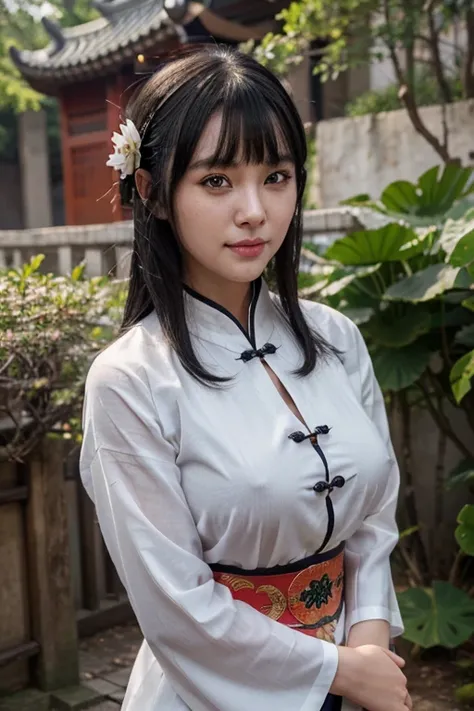 Woman in gray Chinese style, White shirt and black hair, anime big breast, head portrait, Black color hair, largeeyes, Clear face, bangs, Moles under eyes, Light smile, Bright pupils, puckered lips, In nature, lotus flower, Big avatar, bangs, Moles under e...