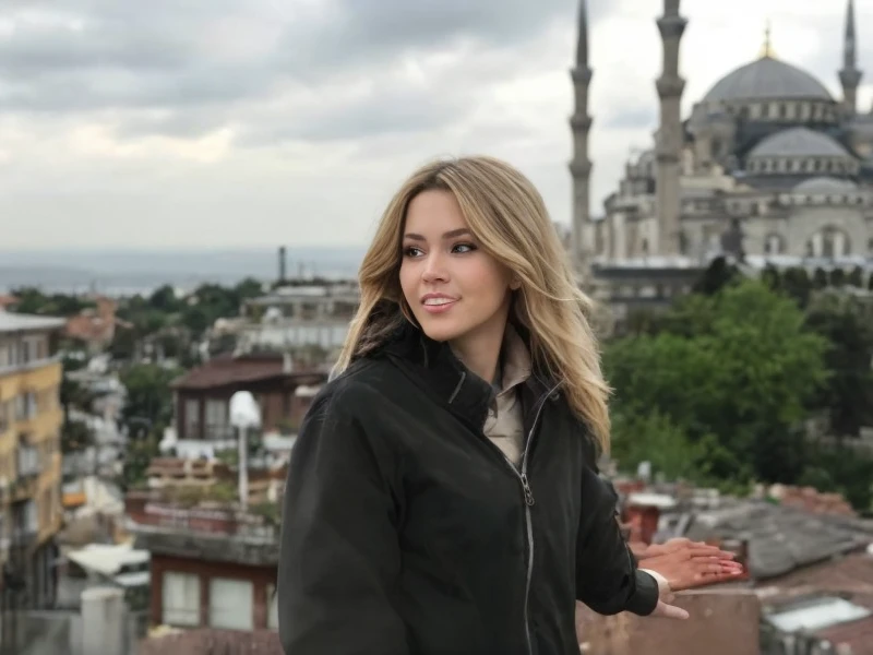 masterpiece best quality.beautiful blonde alafid woman standing on roof，can see the city view, victoria gavrilenko, sofia melenk...