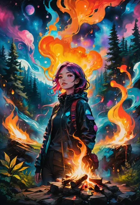 1girl, Campfire, aesthetic, Campfire in the woods at night, with nightsky of a colorful galaxy, graffiti art, splash art, street art, spray paint, oil gouache melting, acrylic, high contrast, colorful polychromatic, ultra detailed, ultra quality, CGSociety