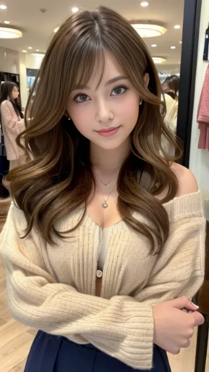 highest quality，masterpiece，超A high resolution，RAW Photos，One Girl，Loose perm hair、length、brown hair、Arms crossed、Japanese、Loose perm hair、length、brown hair、smile、Arms crossed、Professional photography、Same skin type as humans、A woman dressed in Japan from ...