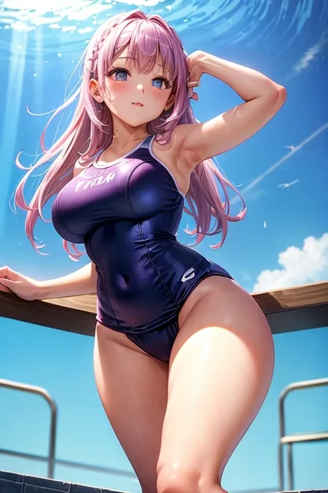 (((school swimsuit)))、beauty ballerina、purple gradient hair (pink highlights)、big bust, thick thighs((whole body))、(((Photo taken from below)))、swimming pool